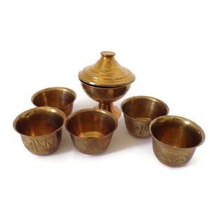 Middle Eastern Copper Sugar Bowl and 5 Teacups Engraved